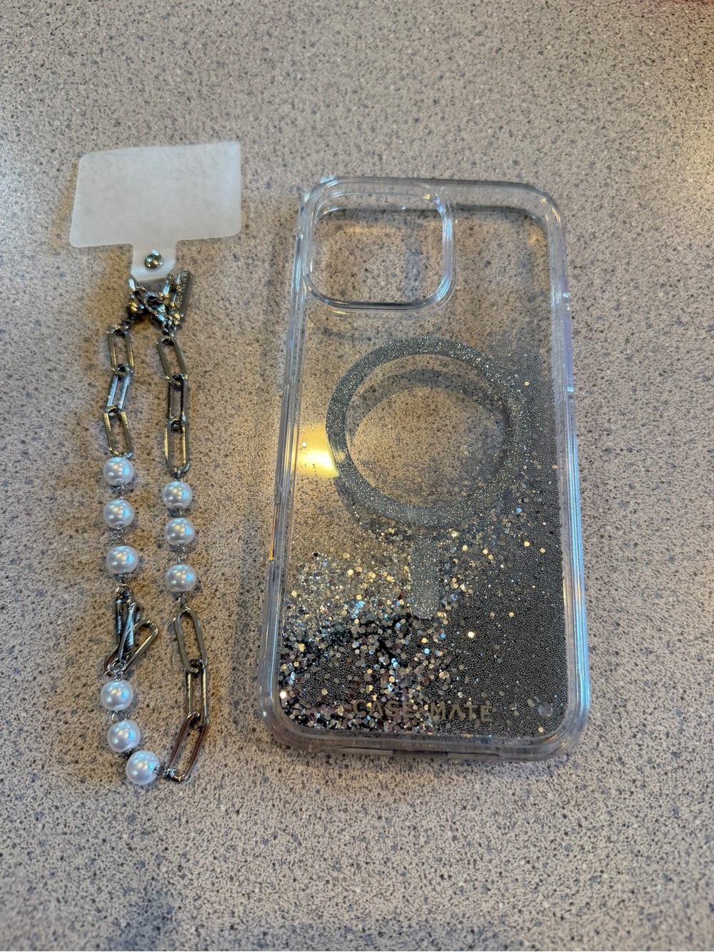 iPhone 15 ProMax Case Mate Silver Glitter Link Pear Phone Charm Wristlet MagSafe